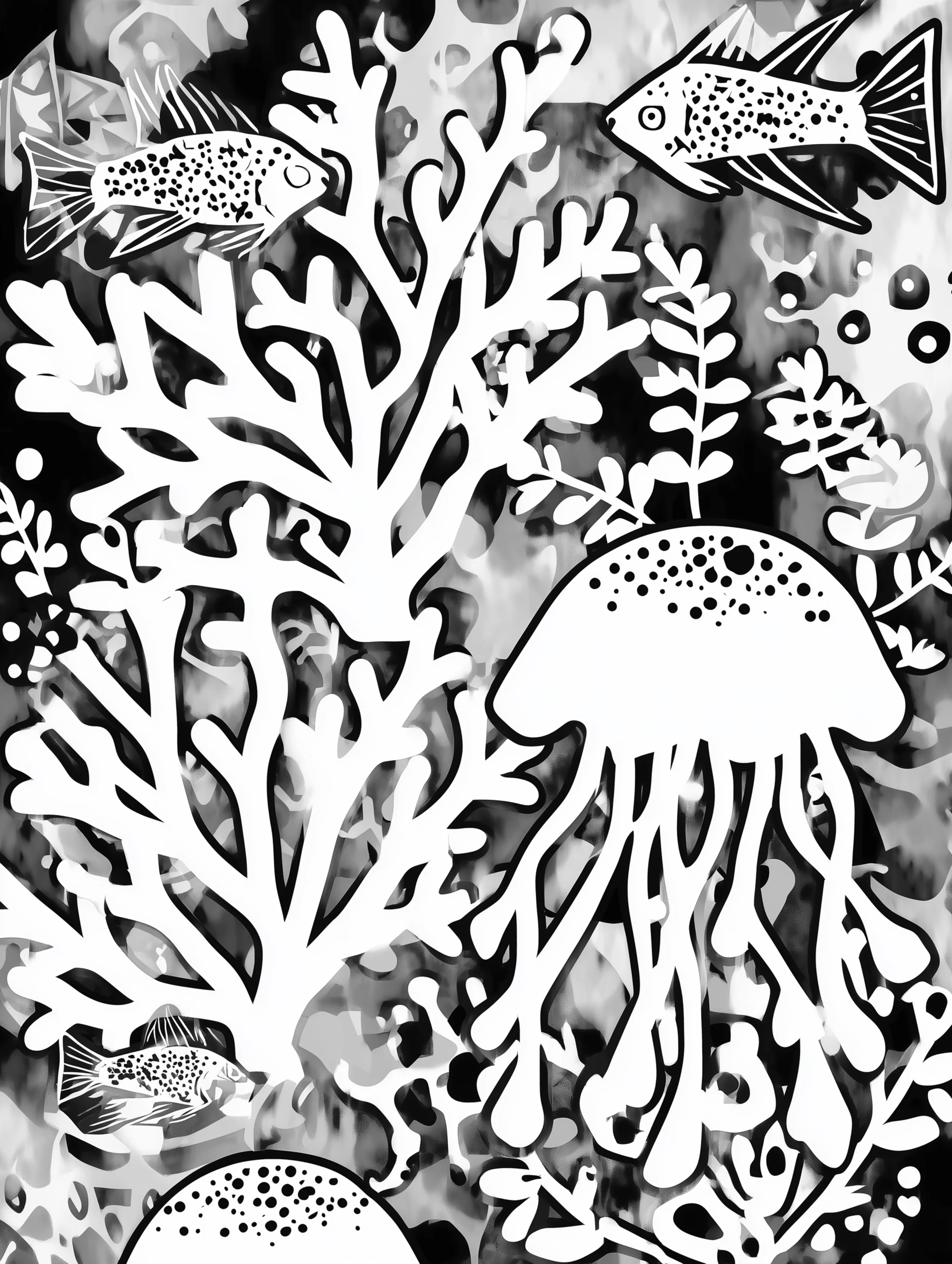 Free printable jellyfish coloring page for adults featuring a jellyfish with elongated coral forms